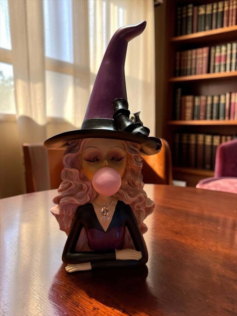 Whimsical Witch Blowing Bubble Gum W skull and Bow,Witch Blowing Bubble Figure